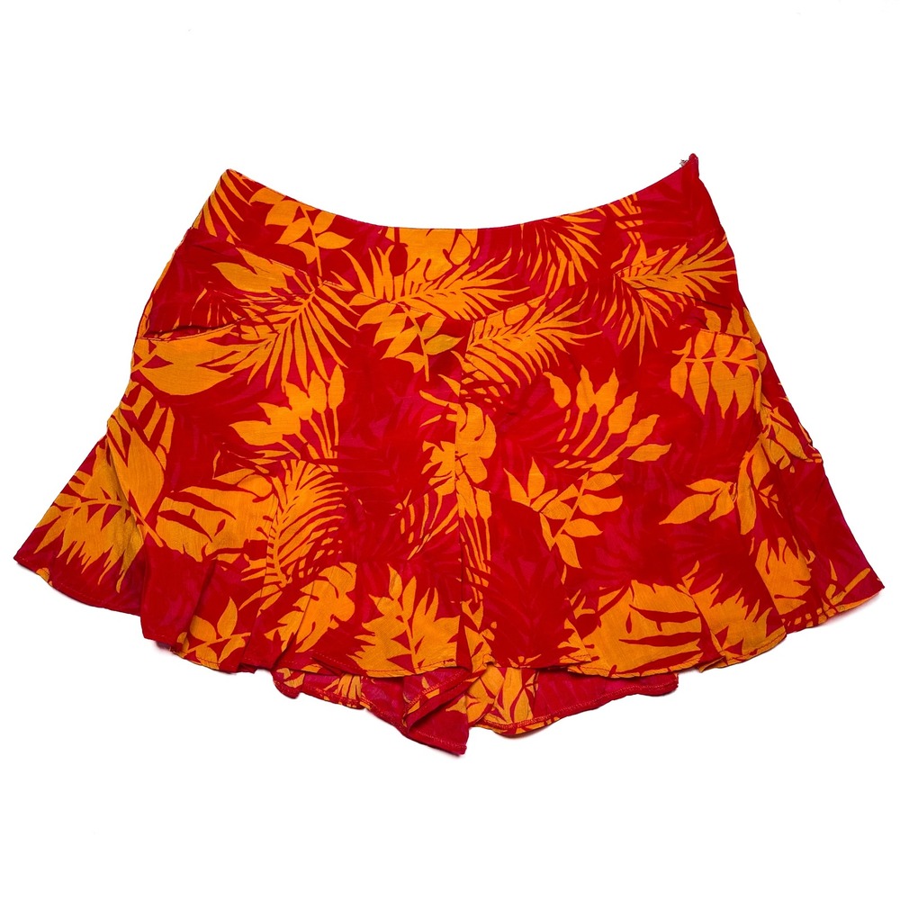 MNG Mango Red‎ Orange Tropical Leaf Print Ruffle Hem Shorts 100% Viscose XS